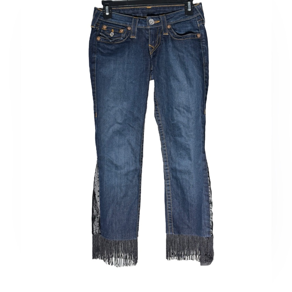 True Religion Blue Denim Jeans Womens size 25 Flap Pockets Fringe Bottom